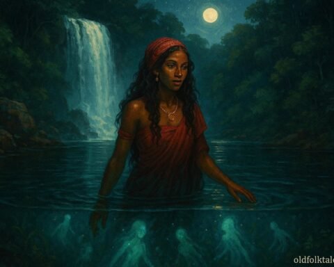 A mystical woman beside a sacred waterfall connected to water spirits in Madagascar