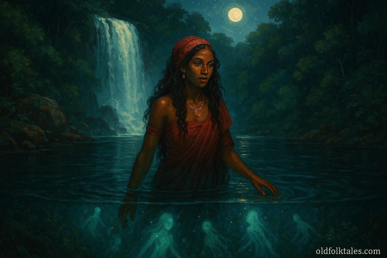 A mystical woman beside a sacred waterfall connected to water spirits in Madagascar