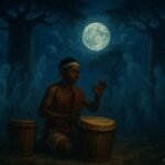 A young drummer performing sacred rhythms beneath ancient baobab trees in Madagascar