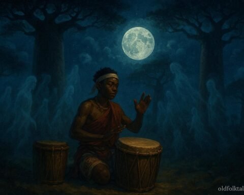 A young drummer performing sacred rhythms beneath ancient baobab trees in Madagascar