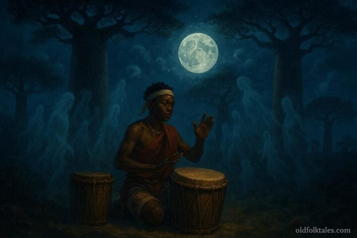 A young drummer performing sacred rhythms beneath ancient baobab trees in Madagascar