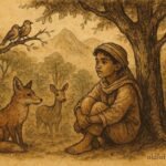 An illustration of boy surrounded by animals in Atlas Mountains, Amazigh folktale scene.