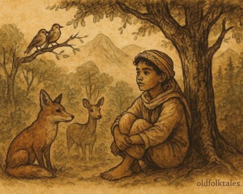 An illustration of boy surrounded by animals in Atlas Mountains, Amazigh folktale scene.