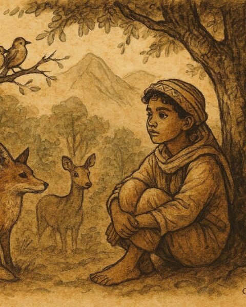 An illustration of boy surrounded by animals in Atlas Mountains, Amazigh folktale scene.