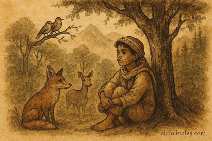 An illustration of boy surrounded by animals in Atlas Mountains, Amazigh folktale scene.