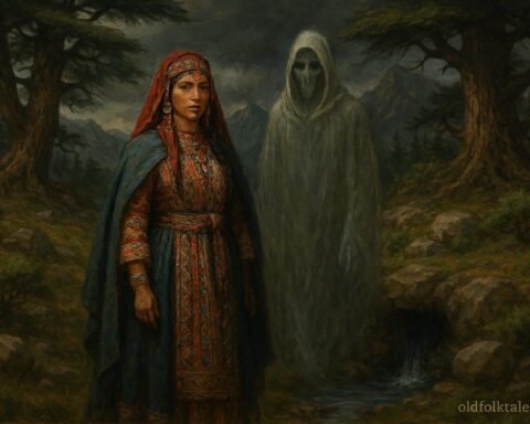 An Amazigh woman encountering a mysterious mountain spirit near a hidden spring in the Atlas Mountains