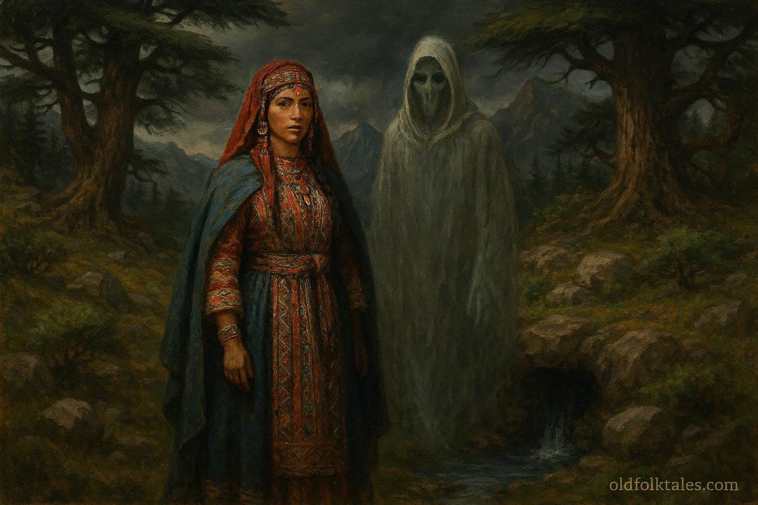 An Amazigh woman encountering a mysterious mountain spirit near a hidden spring in the Atlas Mountains