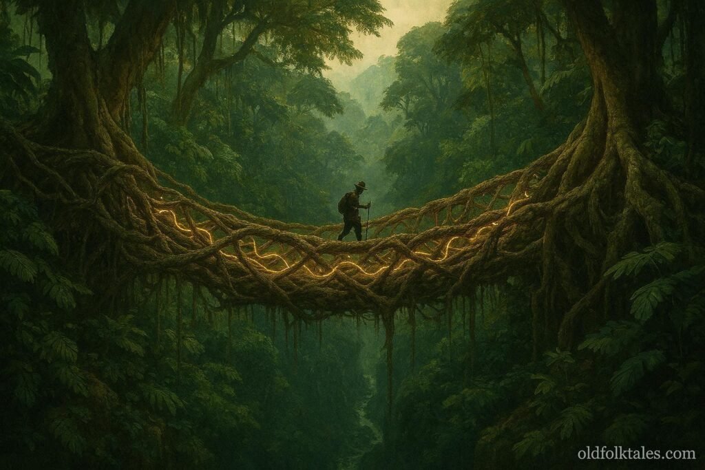 A living vine bridge in the Gabon rainforest whispering ancient stories to a traveler
