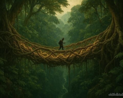 A living vine bridge in the Gabon rainforest whispering ancient stories to a traveler