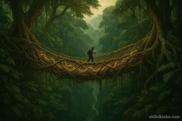 A living vine bridge in the Gabon rainforest whispering ancient stories to a traveler
