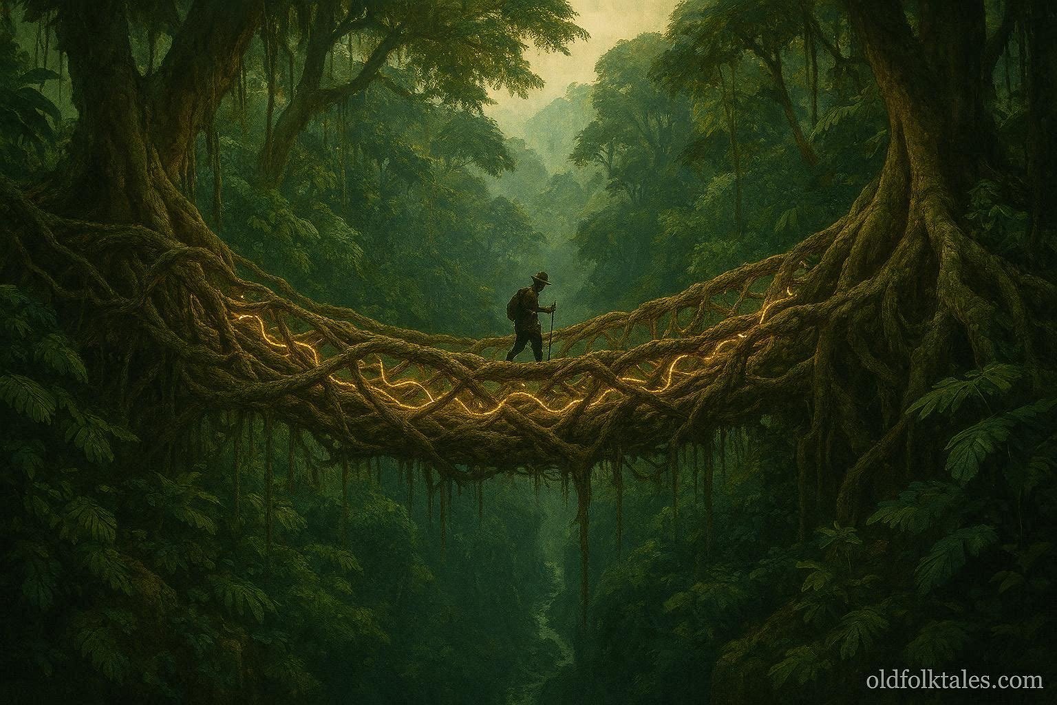A living vine bridge in the Gabon rainforest whispering ancient stories to a traveler