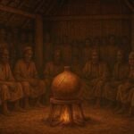 A sacred cracked calabash inside a village meeting house during a public gathering about truth and justice
