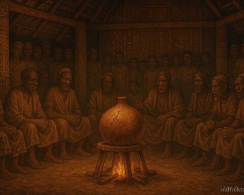 A sacred cracked calabash inside a village meeting house during a public gathering about truth and justice