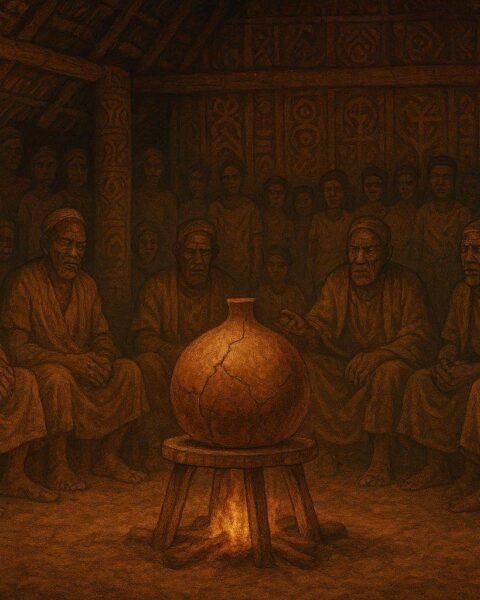 A sacred cracked calabash inside a village meeting house during a public gathering about truth and justice