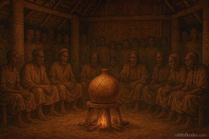A sacred cracked calabash inside a village meeting house during a public gathering about truth and justice