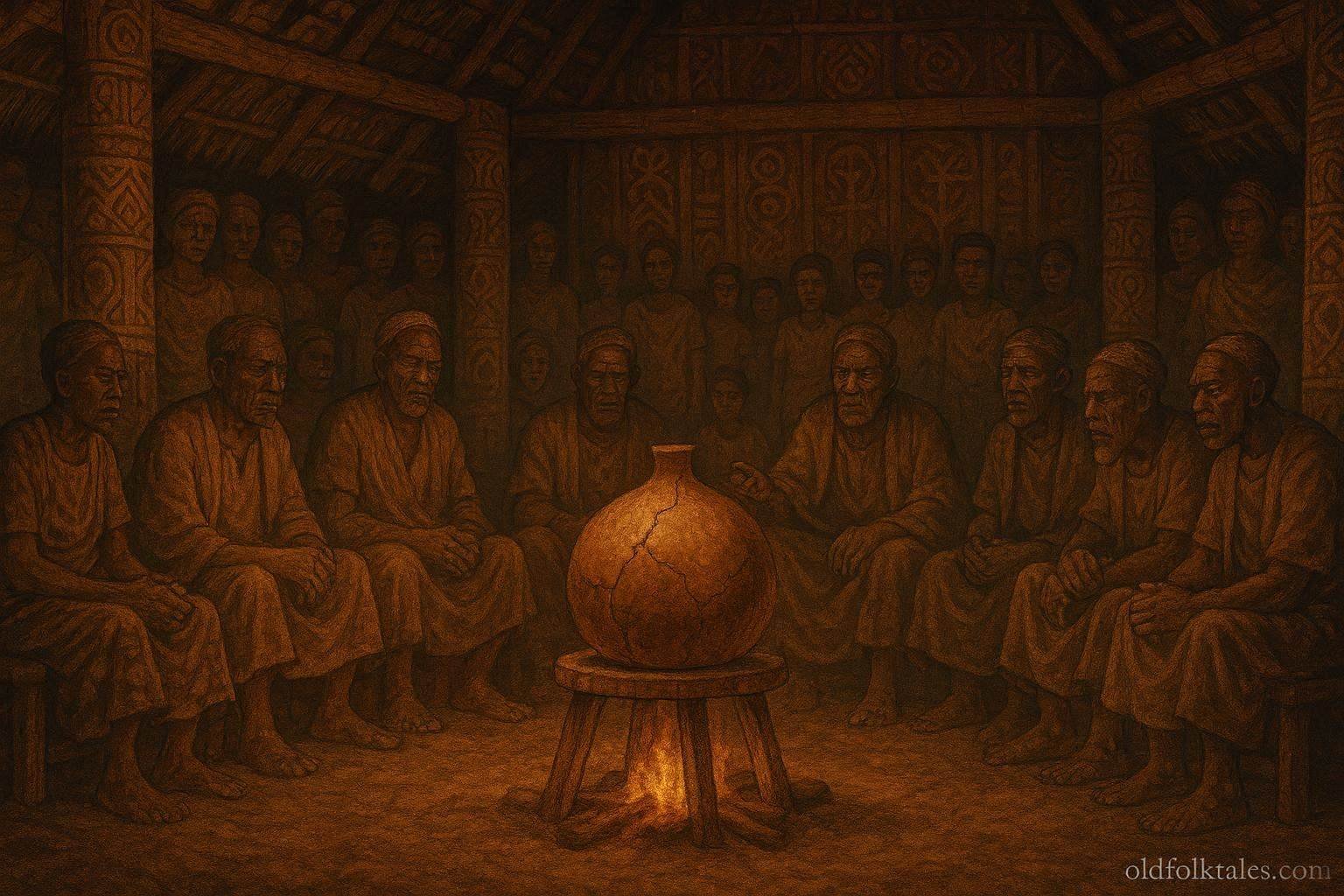 A sacred cracked calabash inside a village meeting house during a public gathering about truth and justice