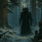 A mysterious spirit guardian standing among ancient cedar trees in Morocco’s Middle Atlas forest