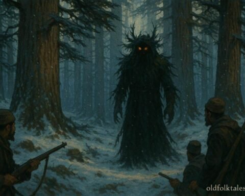 A mysterious spirit guardian standing among ancient cedar trees in Morocco’s Middle Atlas forest