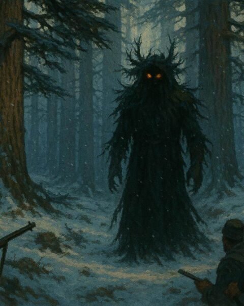 A mysterious spirit guardian standing among ancient cedar trees in Morocco’s Middle Atlas forest