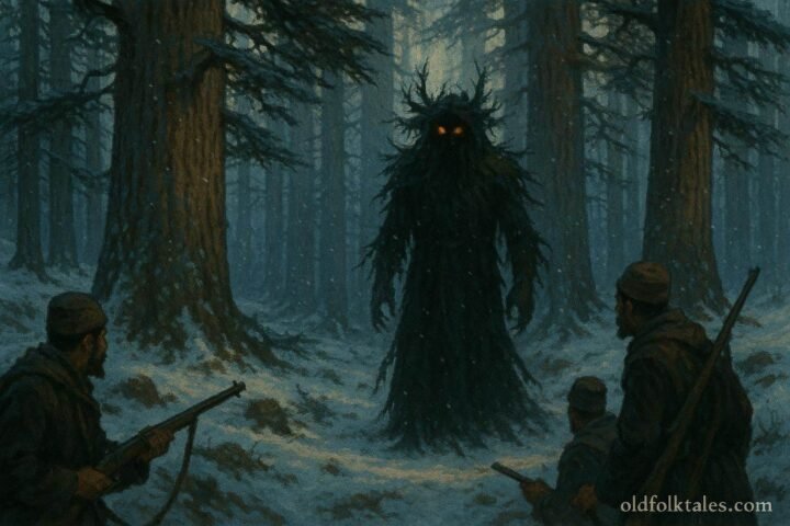 A mysterious spirit guardian standing among ancient cedar trees in Morocco’s Middle Atlas forest