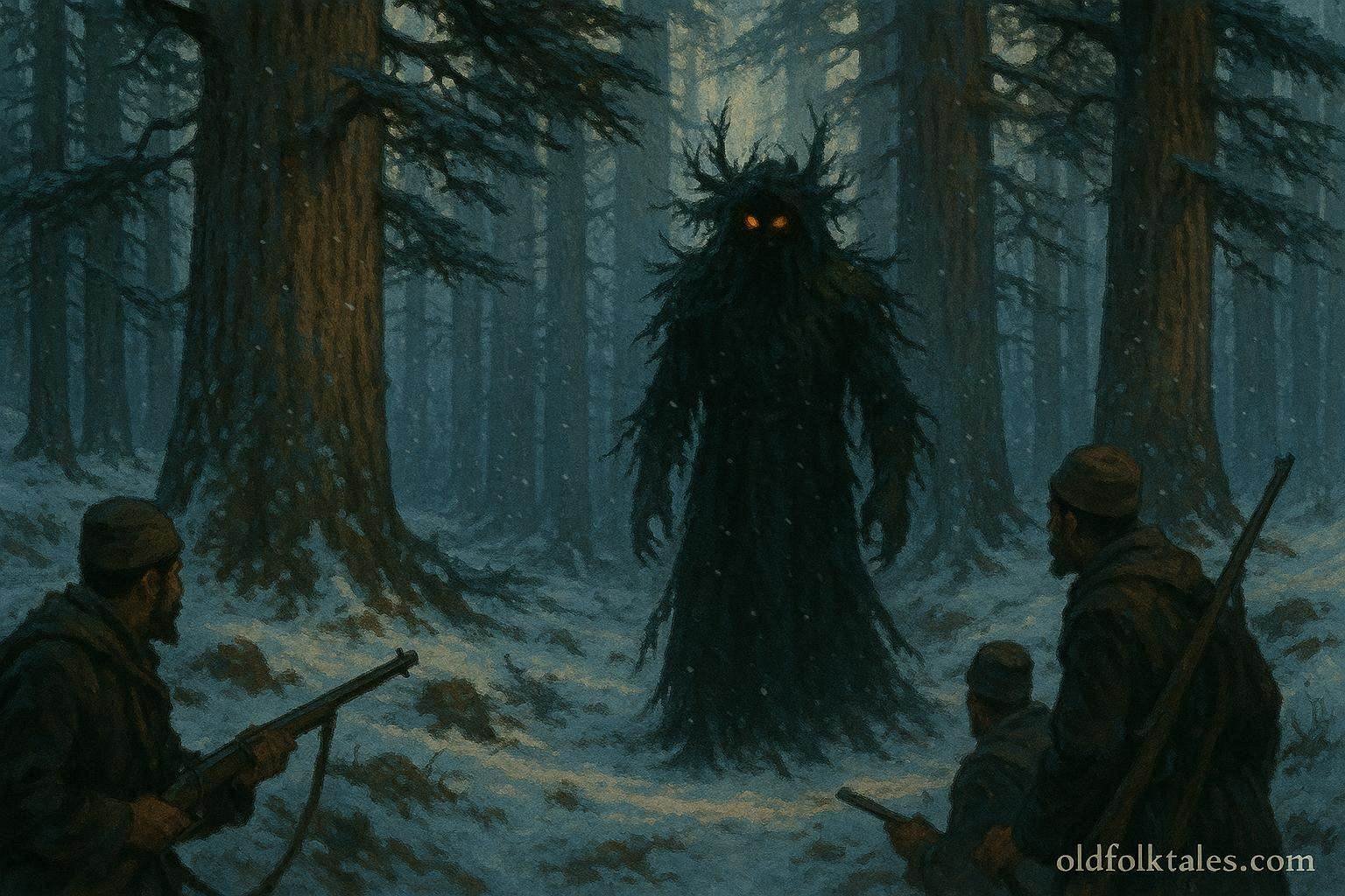 A mysterious spirit guardian standing among ancient cedar trees in Morocco’s Middle Atlas forest