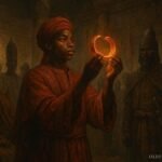 A Mandinka royal heir presenting a sacred copper bracelet before elders in the Kingdom of Kaabu
