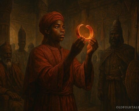 A Mandinka royal heir presenting a sacred copper bracelet before elders in the Kingdom of Kaabu