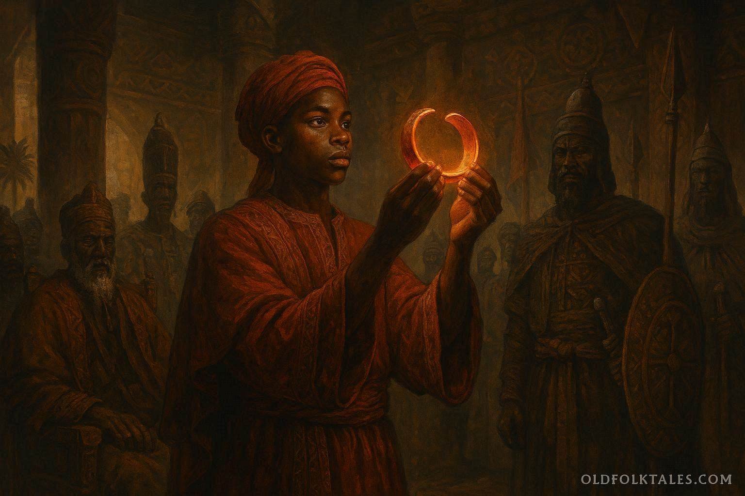 A Mandinka royal heir presenting a sacred copper bracelet before elders in the Kingdom of Kaabu