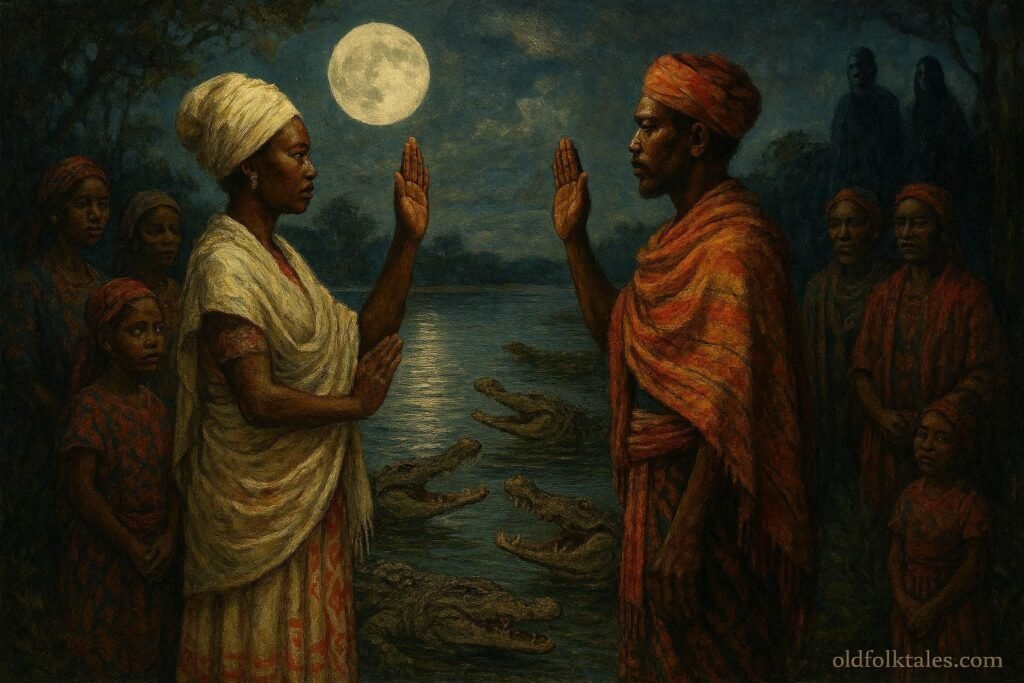 Rival families taking a sacred oath beside the Tsiribihina River while crocodiles watch from the water