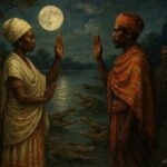 Rival families taking a sacred oath beside the Tsiribihina River while crocodiles watch from the water