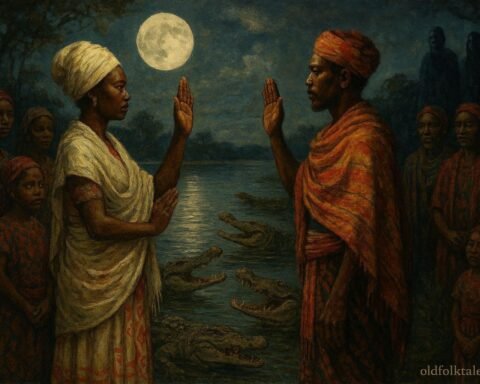 Rival families taking a sacred oath beside the Tsiribihina River while crocodiles watch from the water