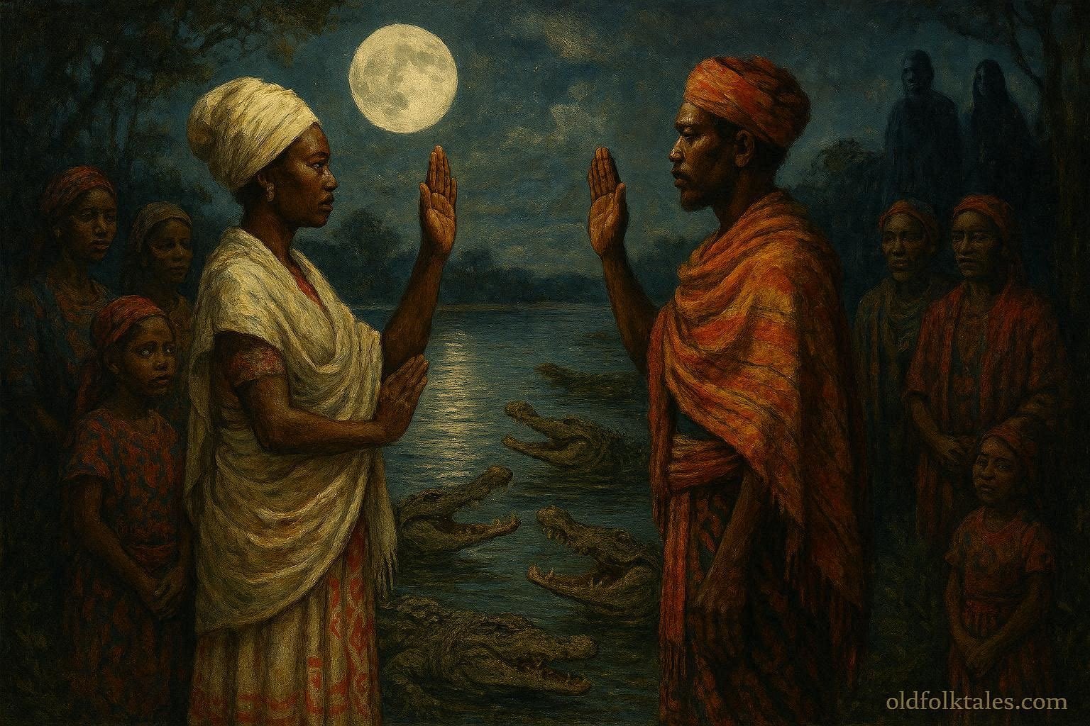 Rival families taking a sacred oath beside the Tsiribihina River while crocodiles watch from the water