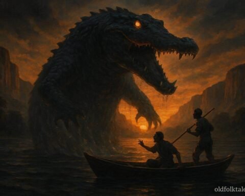 A giant crocodile spirit appearing beside fishermen on the Zambezi River