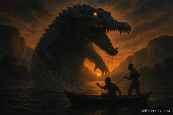 A giant crocodile spirit appearing beside fishermen on the Zambezi River
