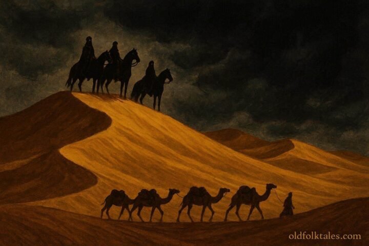 Mysterious riders appearing on Sahara dunes before a deadly sandstorm near Merzouga