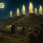 Glowing ancestral spirit figures appearing in the deserts of Namaqualand at night