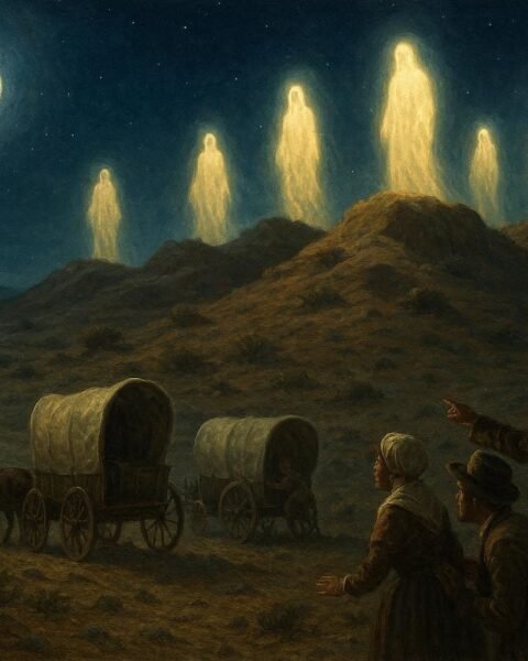 Glowing ancestral spirit figures appearing in the deserts of Namaqualand at night
