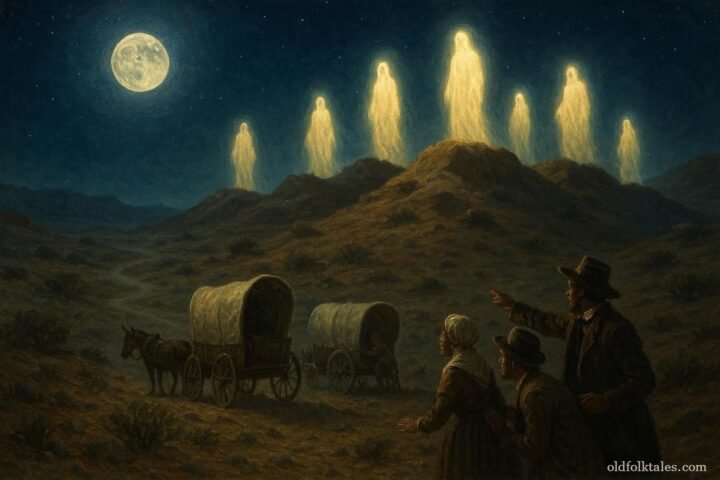 Glowing ancestral spirit figures appearing in the deserts of Namaqualand at night