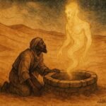 An illustration of traveler at desert well with djinn, Tunisian Saharan folktale scene.