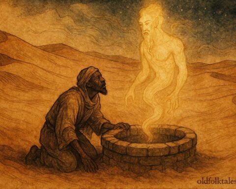 An illustration of traveler at desert well with djinn, Tunisian Saharan folktale scene.