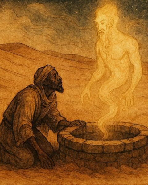 An illustration of traveler at desert well with djinn, Tunisian Saharan folktale scene.