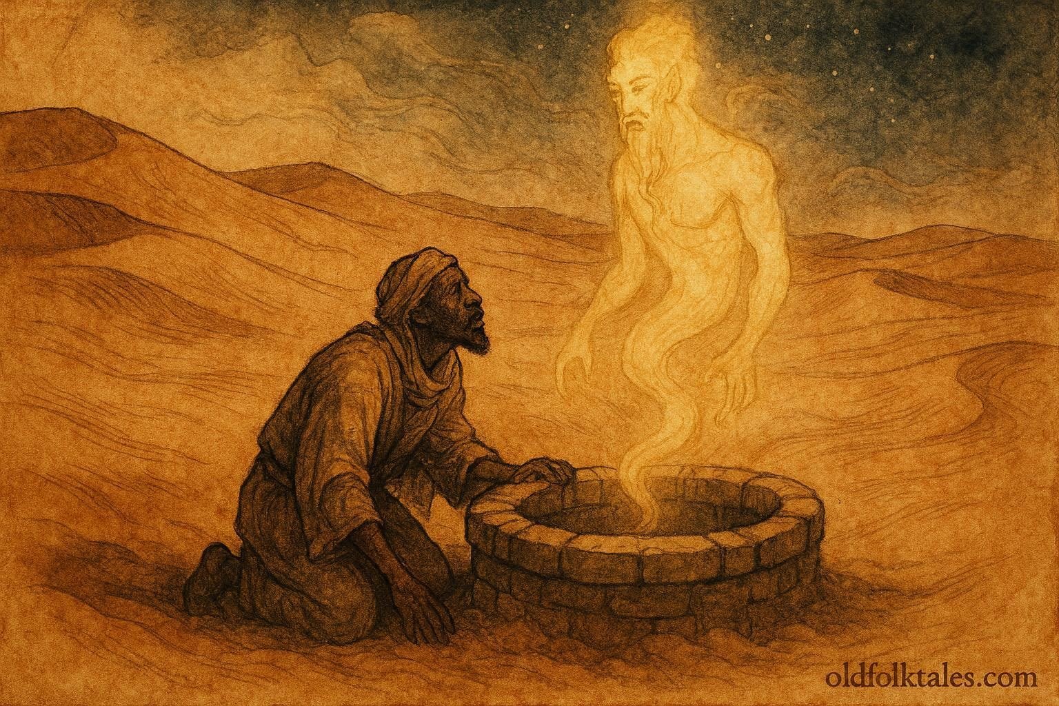 An illustration of traveler at desert well with djinn, Tunisian Saharan folktale scene.