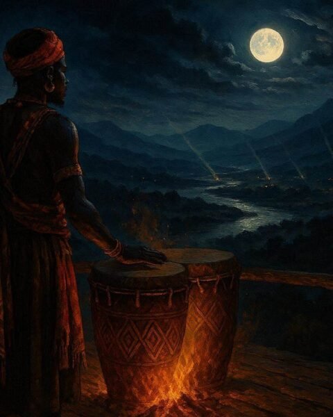 A ceremonial drummer sending warning rhythms across the Luangwa Valley in Zambia