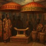 A sacred empty stool displayed during a royal Ashanti ceremony surrounded by chiefs and drummers
