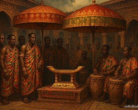 A sacred empty stool displayed during a royal Ashanti ceremony surrounded by chiefs and drummers