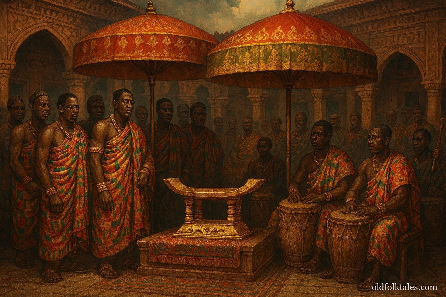 A sacred empty stool displayed during a royal Ashanti ceremony surrounded by chiefs and drummers