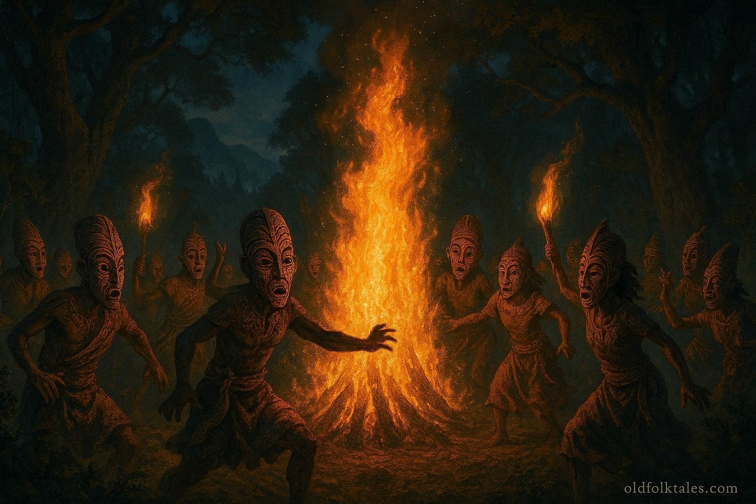 Zafimaniry villagers performing a sacred fire dance in Madagascar’s mountain forests