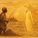 An illustration of fisherman meeting sea bride at Tunisian coast, folktale scene.