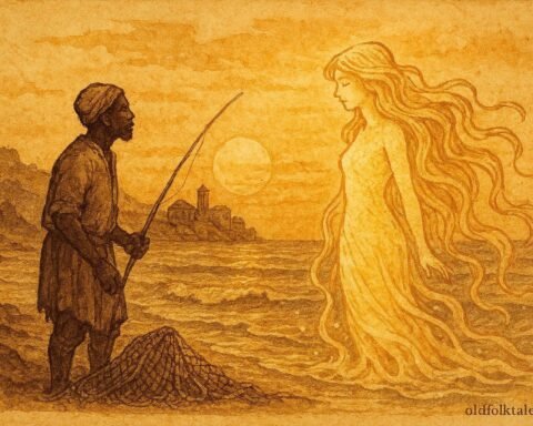 An illustration of fisherman meeting sea bride at Tunisian coast, folktale scene.