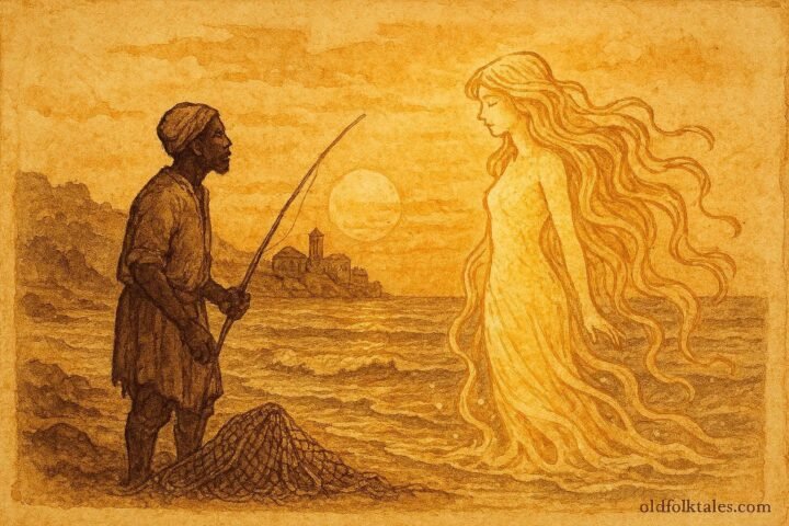 An illustration of fisherman meeting sea bride at Tunisian coast, folktale scene.